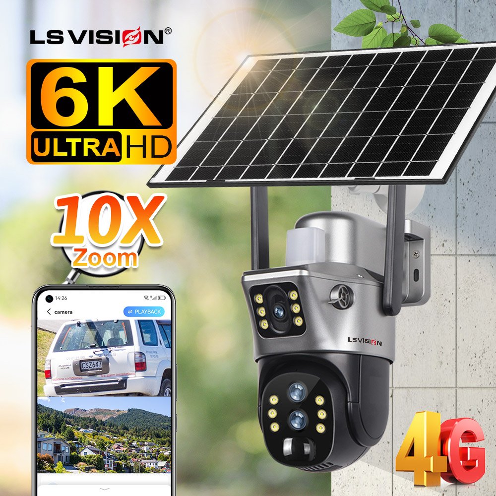 LS VISION 4MP 4G SIM Card Dual Screen Solar Camera Outdoor 2K WiFi PTZ Dual Lens Human Auto Tracking Waterproof Security Cameras