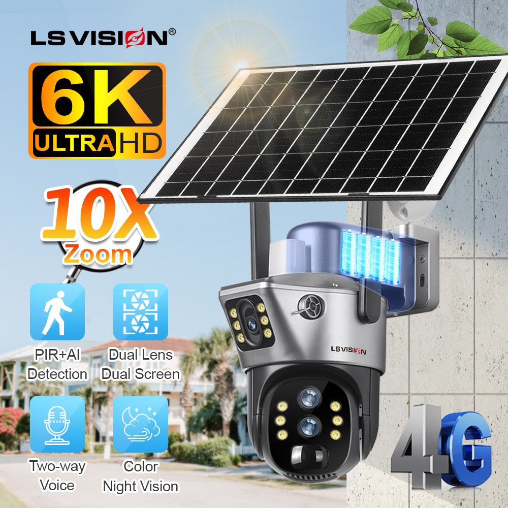 LS VISION 4MP 4G SIM Card Dual Screen Solar Camera Outdoor 2K WiFi PTZ Dual Lens Human Auto Tracking Waterproof Security Cameras