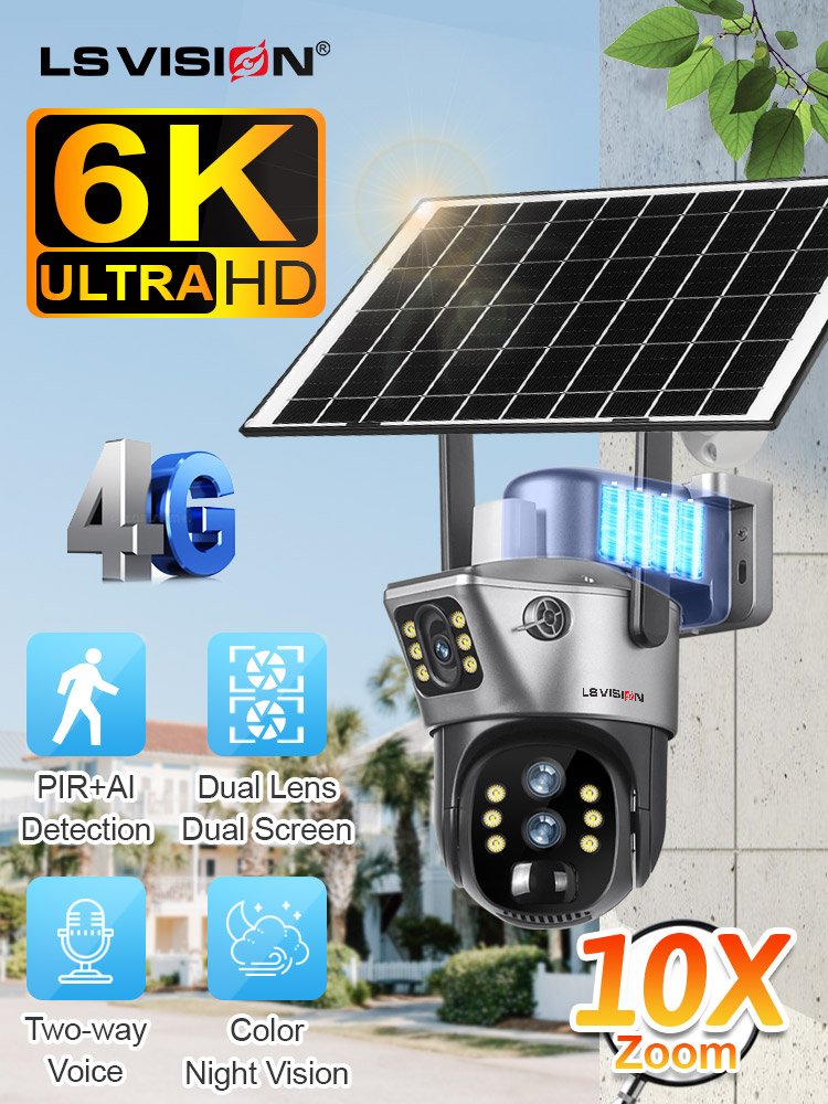 LS VISION 4MP 4G SIM Card Dual Screen Solar Camera Outdoor 2K WiFi PTZ Dual Lens Human Auto Tracking Waterproof Security Cameras