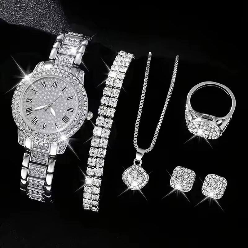 Fashion Analog Wrist Watch & 5pcs Jewelry Set Stylish Rhinestone iced out watches set Gift For Women CD134