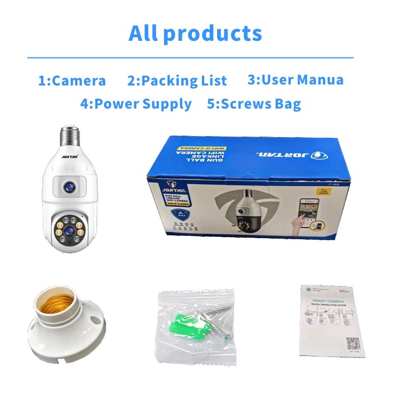 jortan 4MP dual lens PTZ Bulb Camera WIFI 2k Indoor Home E27 Surveillance H.265 Pan Tilt Wireless Security Network Camera