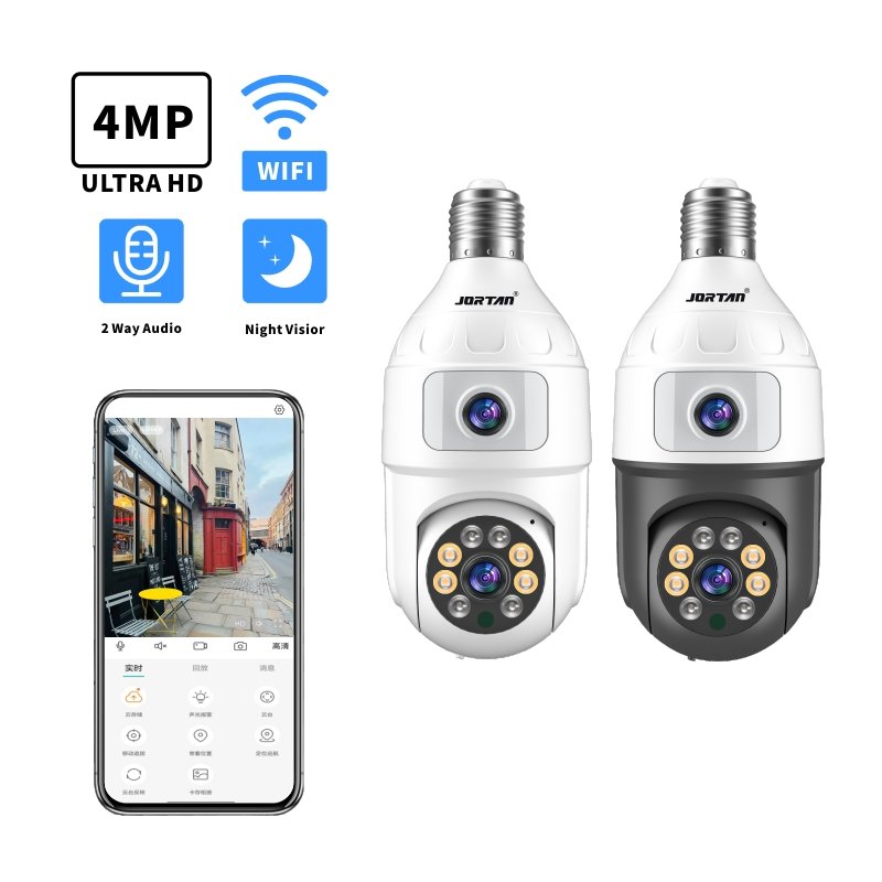 jortan 4MP dual lens PTZ Bulb Camera WIFI 2k Indoor Home E27 Surveillance H.265 Pan Tilt Wireless Security Network Camera