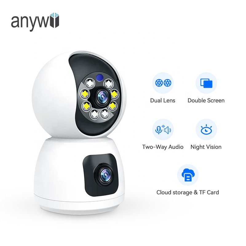 Anywii Factory Night Vision Wifi Mini Camera ptz ip cctv camera with Two way audio 1080P wifi Built in Siren Dual lenses Camera