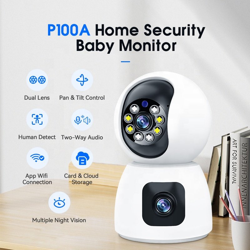 Anywii Factory Night Vision Dual Lens Wifi Camera with Two-way Audio for Home Security Camera Indoor Wifi Camera Baby Monitor