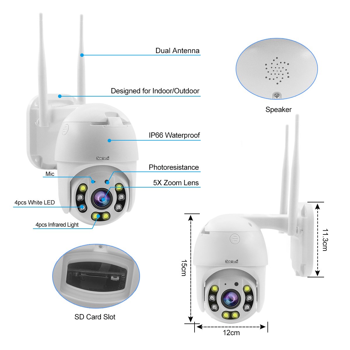 JideTech 3MP Wifi Mini Waterproof Network Camera Light Night Vision Full Color PTZ IP CCTV Security Camera wireless