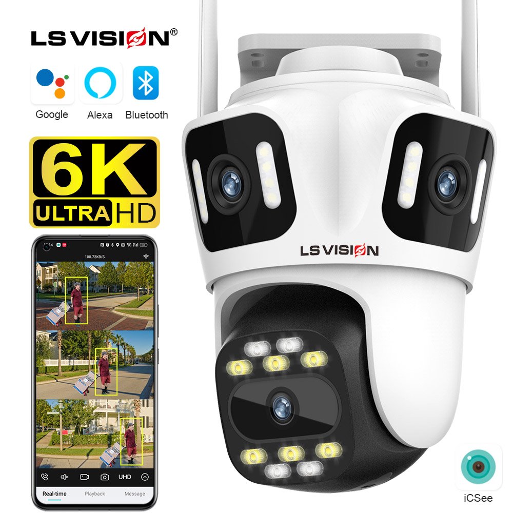 LS VISION 2.5 Inch 3 Screens Icsee App Auto Tracking Bluetooth 8MP Wifi PTZ Camera Supports Alexa and Google Assistant