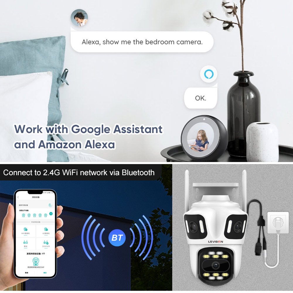 LS VISION 2.5 Inch 3 Screens Icsee App Auto Tracking Bluetooth 8MP Wifi PTZ Camera Supports Alexa and Google Assistant