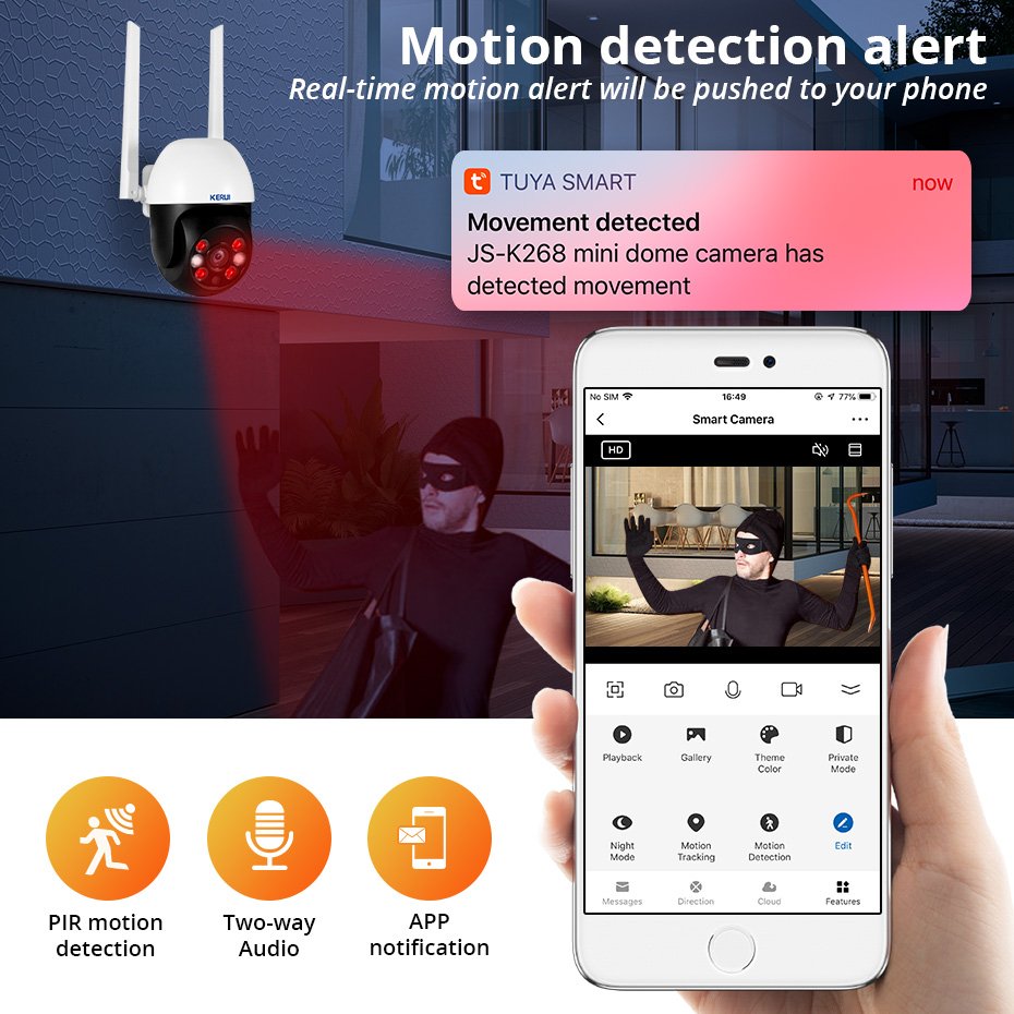 KERUI 8MP 4K Tuya Smart Wifi IP Camera Color Night Version Home Security Indoor PTZ Dome Outdoor Network Camera Motion Tracking