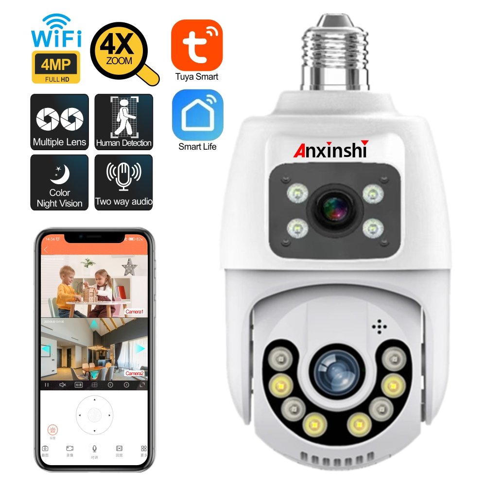 Anxinshi 4MP 4X Zoom 360° Dual Lens Bulb Wireless Full Color Night Vision Human Detection Bidirectional Audio Camera Tuya App