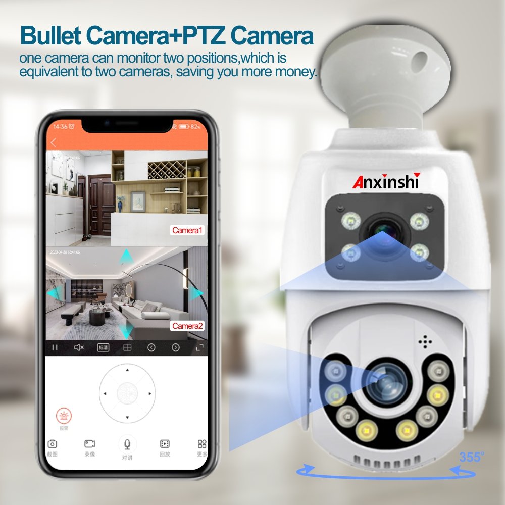 Anxinshi 4MP 4X Zoom 360° Dual Lens Bulb Wireless Full Color Night Vision Human Detection Bidirectional Audio Camera Tuya App