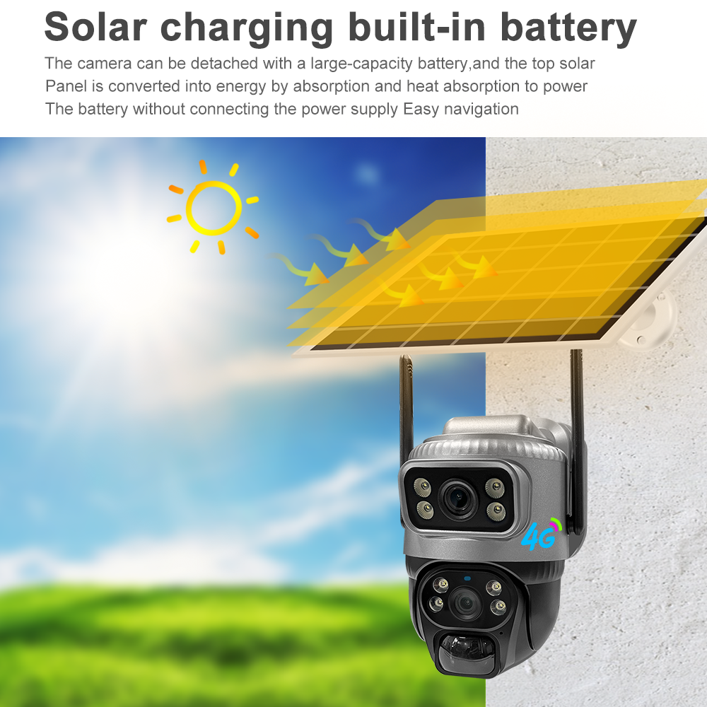 V380PRO 4MP Dual Illuminant Dual Lens SD Card Cloud Storage PIR+Radar Detection IP66 Waterproof Outdoor Solar 4G PTZ CCTV Camera