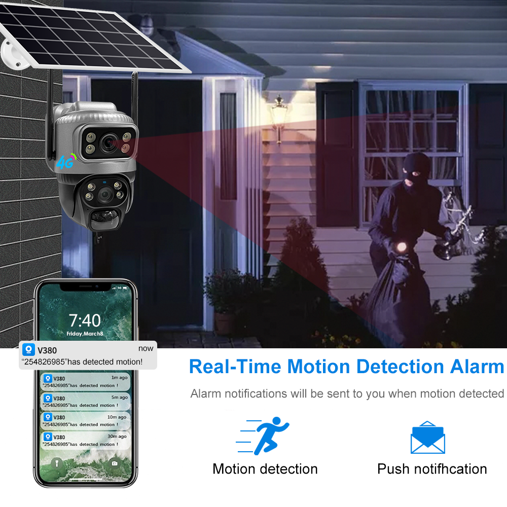 V380PRO 4MP Dual Illuminant Dual Lens SD Card Cloud Storage PIR+Radar Detection IP66 Waterproof Outdoor Solar 4G PTZ CCTV Camera