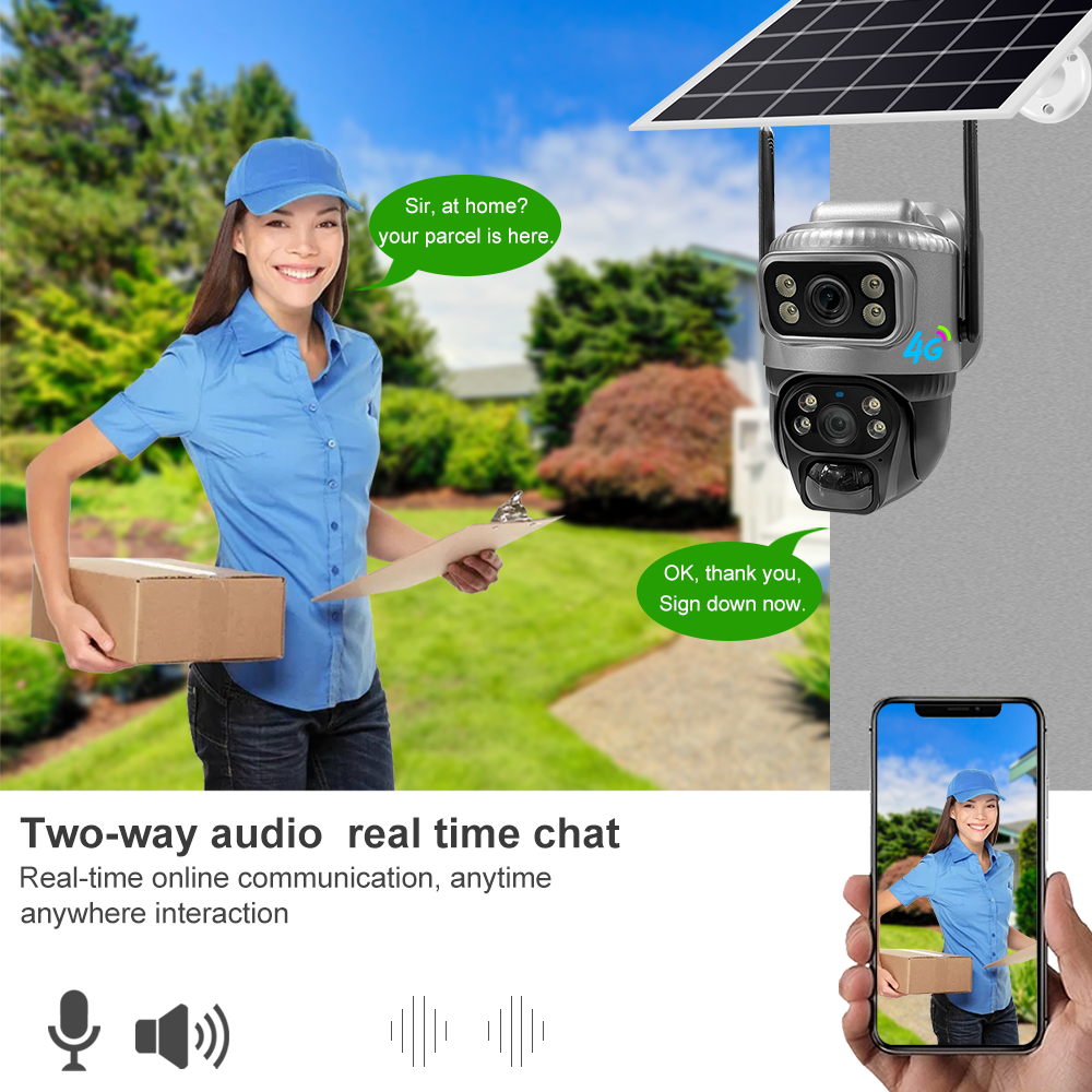 V380PRO 4MP Dual Illuminant Dual Lens SD Card Cloud Storage PIR+Radar Detection IP66 Waterproof Outdoor Solar 4G PTZ CCTV Camera