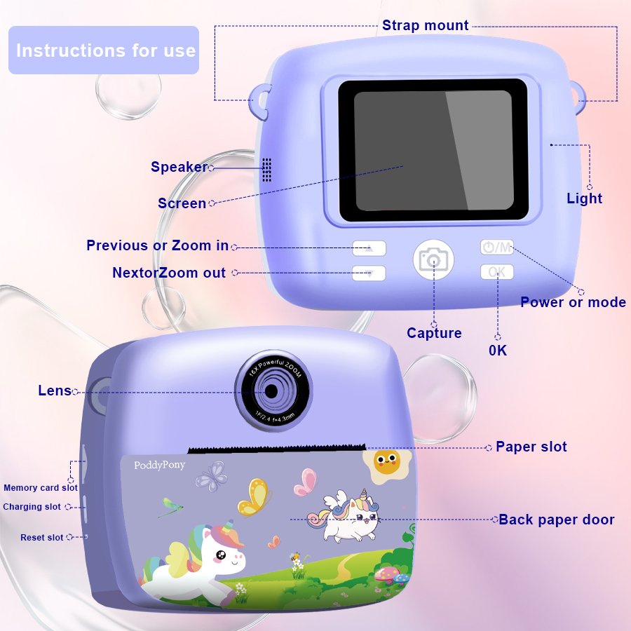 PoddyPony C10 Customize Portable Cartoon Toy Children Digital Instant Print Camera 2.4inch Take Photos Mini Cameras For Kid Gift