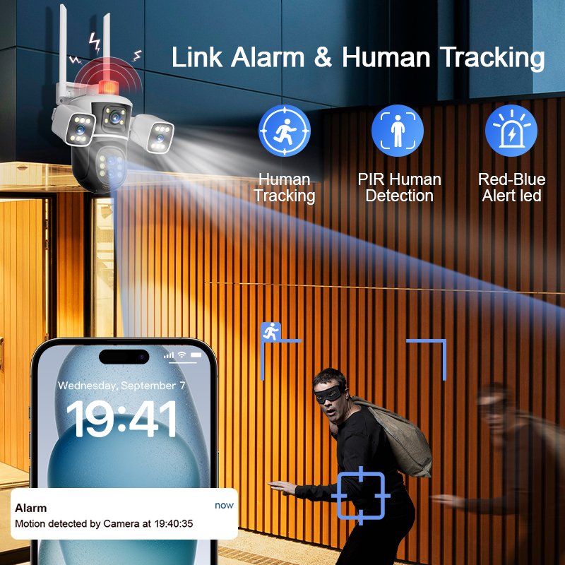 Multi-lens Rotatable WIFI PTZ 12MP Triple Shots Network Camera 10X Zoom