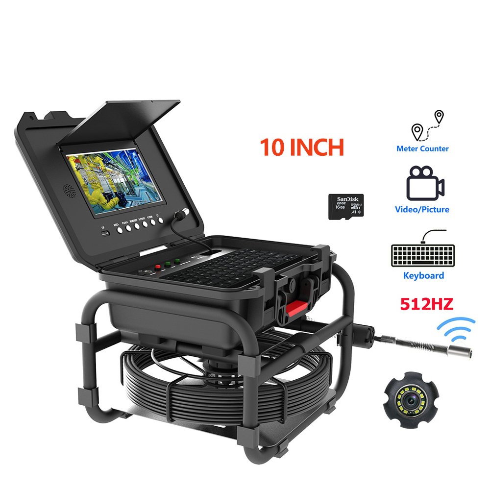 10 Inch IPS 1080P Screen Analog Sewer Pipe Inspection Camera 512HZ Locator Video+Audio Recording 5X Image Enlarge+Meter Counter