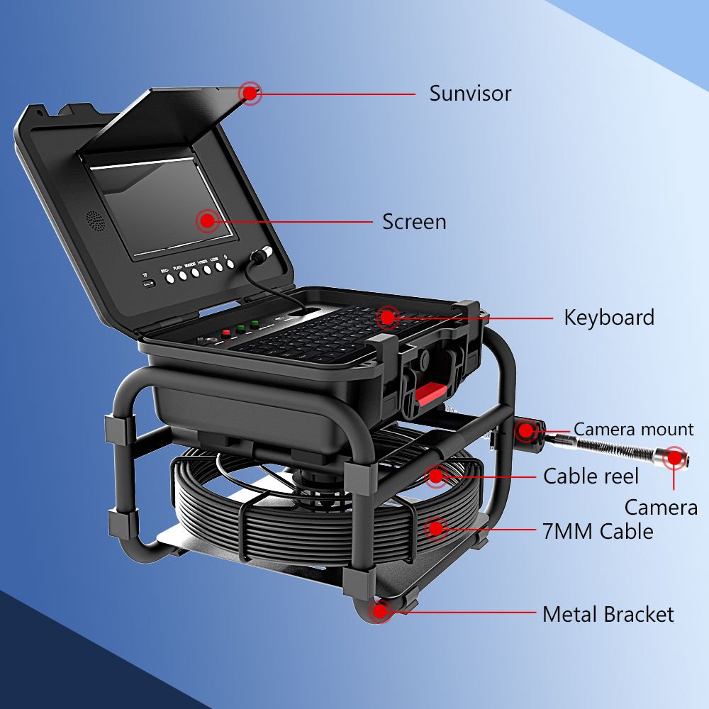 10 Inch IPS 1080P Screen Analog Sewer Pipe Inspection Camera 512HZ Locator Video+Audio Recording 5X Image Enlarge+Meter Counter