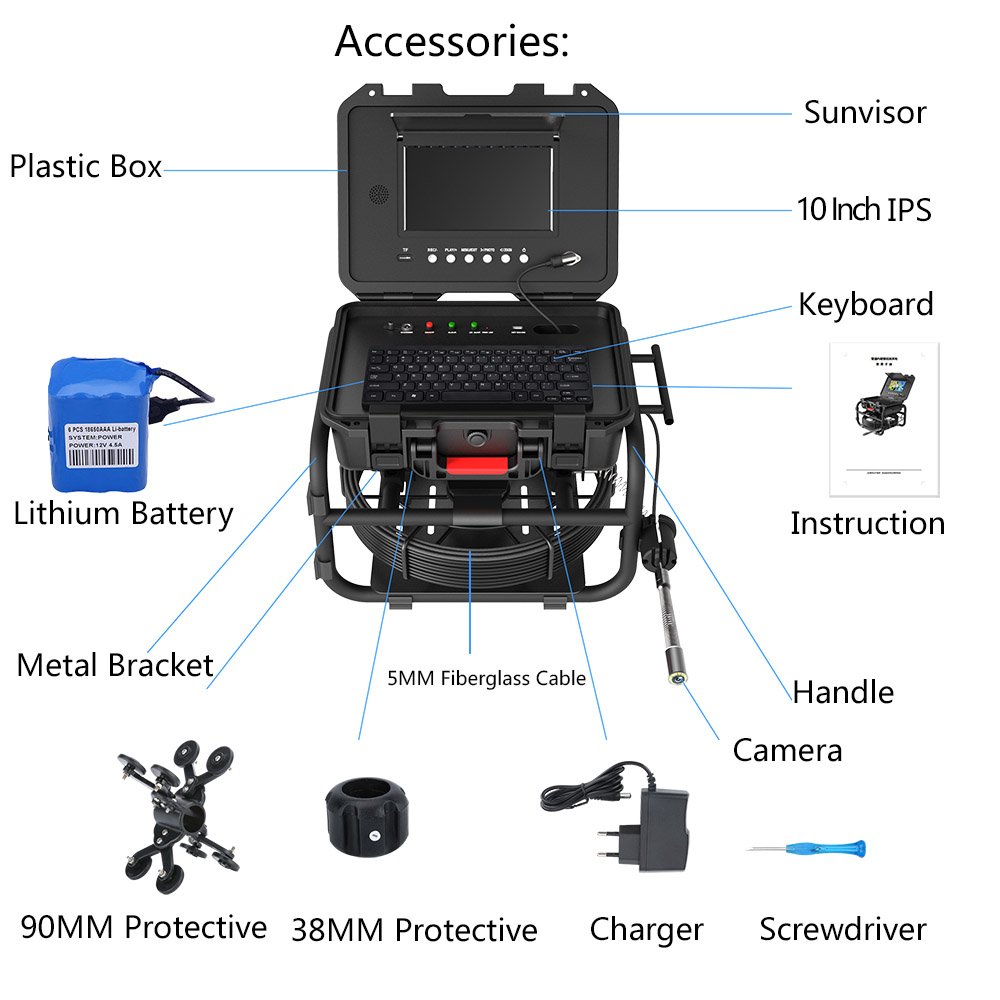10 Inch IPS 1080P Screen Analog Sewer Pipe Inspection Camera 512HZ Locator Video+Audio Recording 5X Image Enlarge+Meter Counter