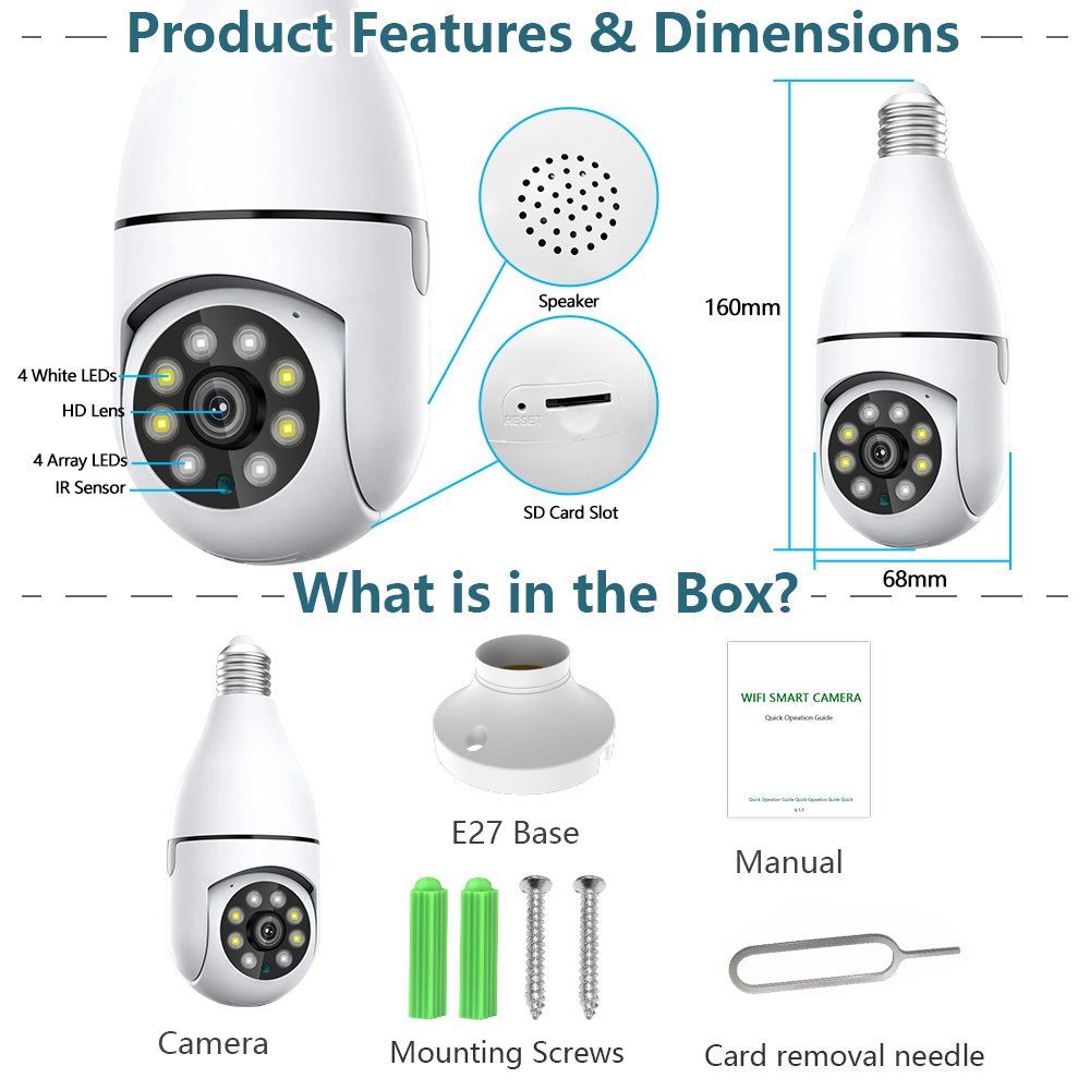 V360Pro 5G Wifi 3MP E27 Bulb Surveillance Network Cameras Indoor AI Human Detect Full Color Night Vision Wireless Cam Smart Home