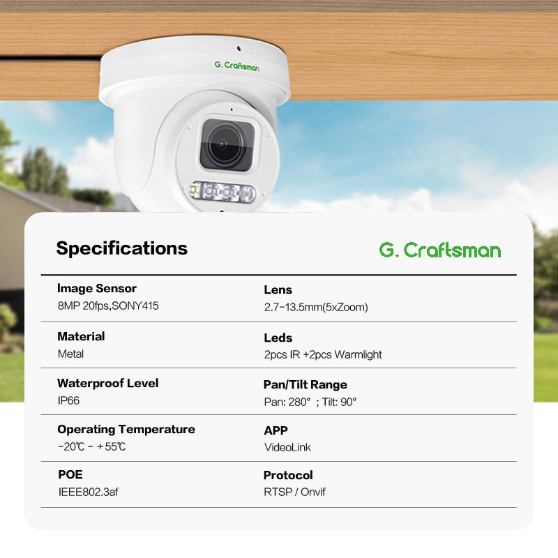 GA-PS9X5D-M8S 4K 8MP 5X Zoom Mini Turret Dome PTZ IP Camera with Audio Microphone Speaker SD Memory Card AI Human Detection