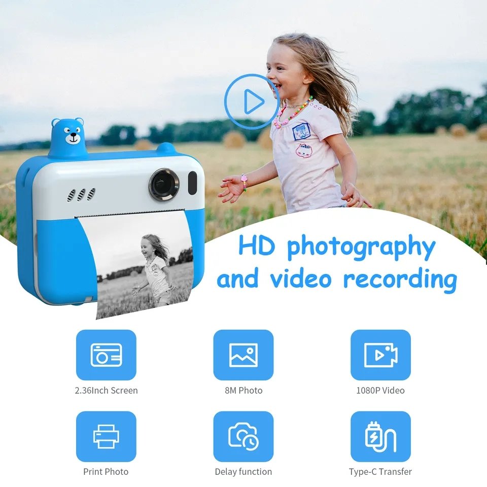 H80 Thermal Instant Print Kids Camera 2.4' screen Dual lens 1080P video Mini Smart Camera printer for Kids Children