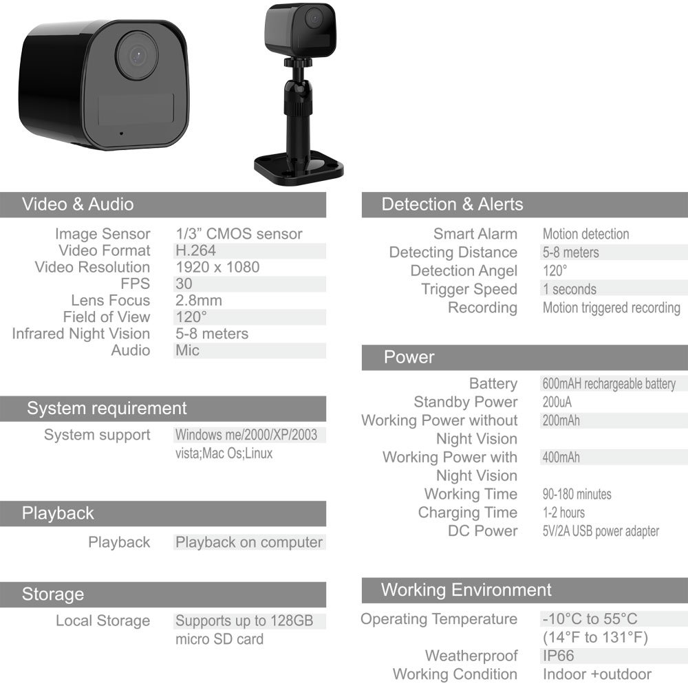 Mini Wireless Battery PIR Camera 1080P 180 Minutes Battery Powered Mini DV Video Recorder Sport Camera Wifi OEM Indoor Camera