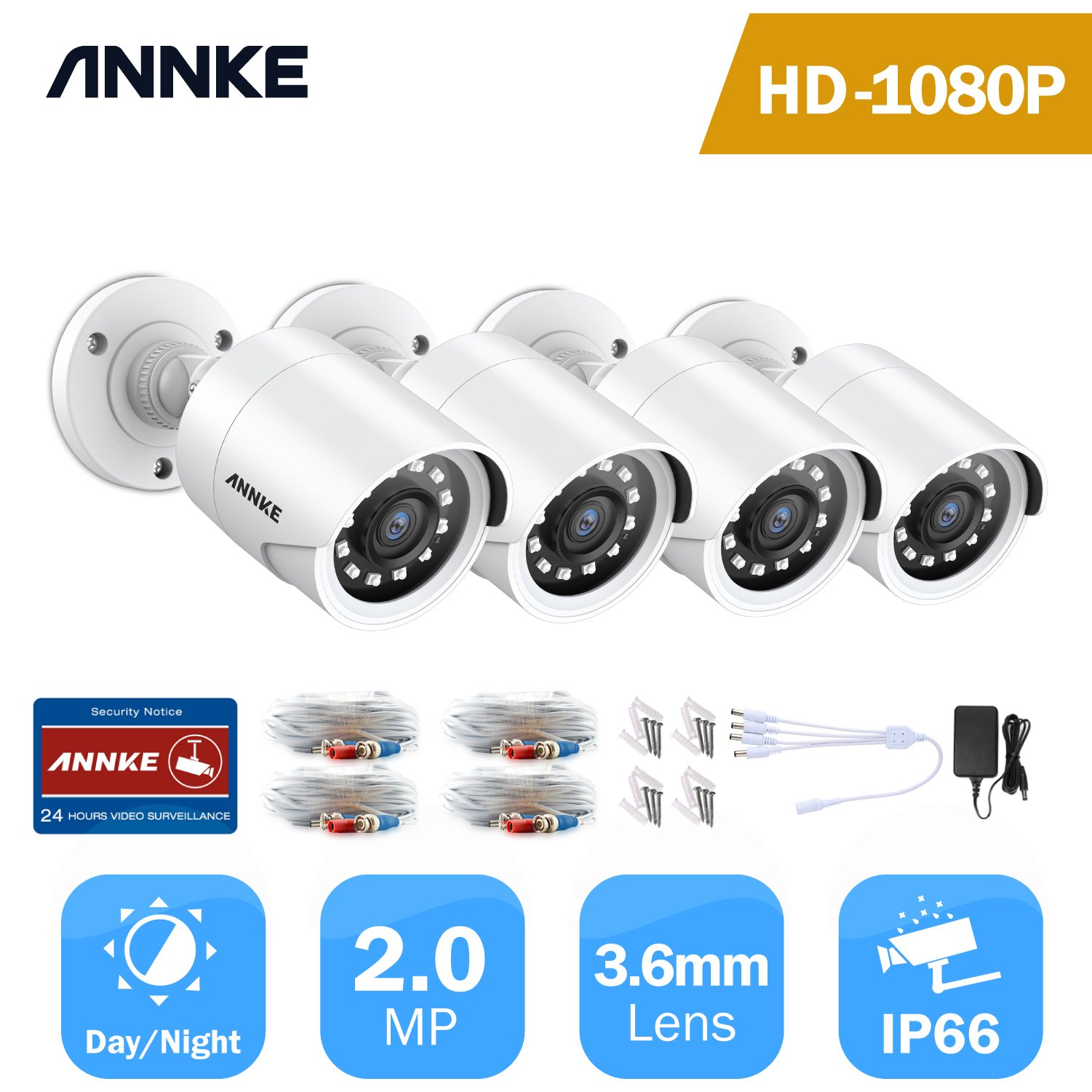 ANNKE 4pcs Camera Set 1080p Full HD Night Vision IR 100ft IP66 Waterproof Outdoor CCTV Security Camera