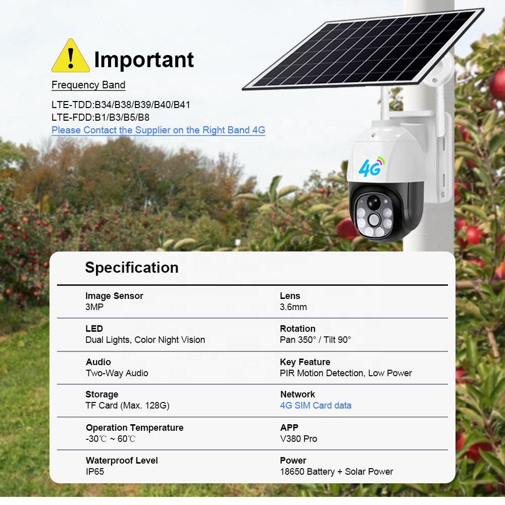 3MP Solar Power CCTV Network Camera V380 Pro Outdoor Wireless Battery Operated Security Camera 4G with SIM Card Slot