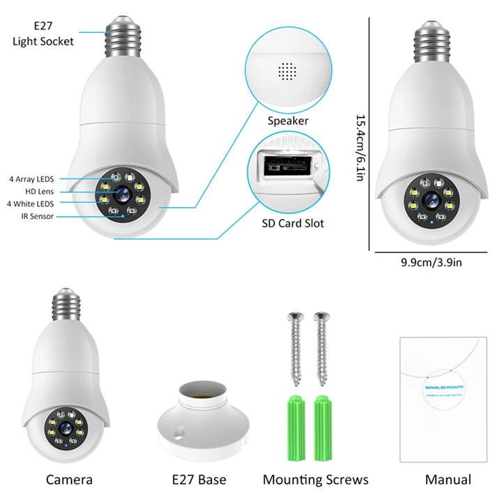 In stock 2MP Indoor Light Bulb Camara Wireless Night Vision CCTV 360 Degree Panoramic Wifi E27 Bulb Socket PTZ Network Camera