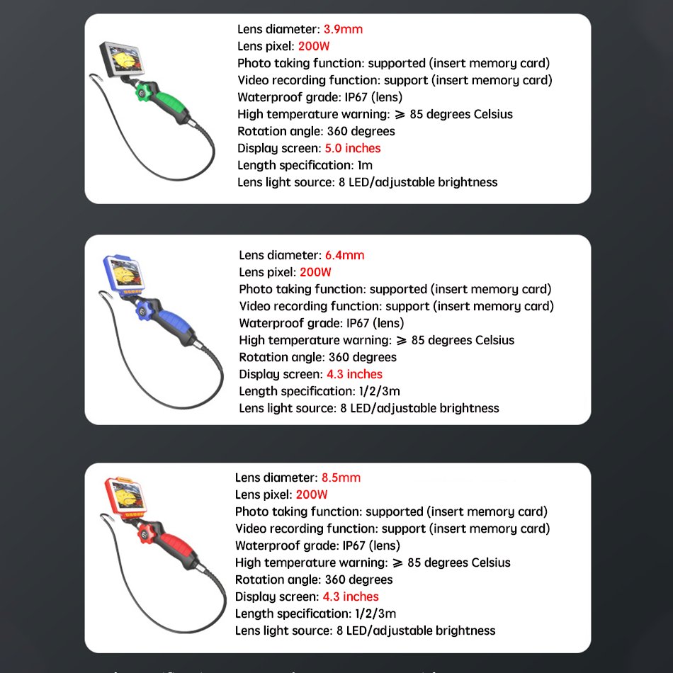 5.0 Inch IPS Screen 3.9mm 6.4mm 200W pixels 1080P 2Way Articulate 360° Rotation Steering Industrial Endoscope Inspection Camera