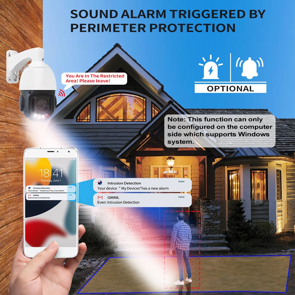 Intelligent Emergency Strobe Light Alarm PTZ Network Camera PoE+ Guard Viewer App Built-in Siren 18x Smart CCTV Camera