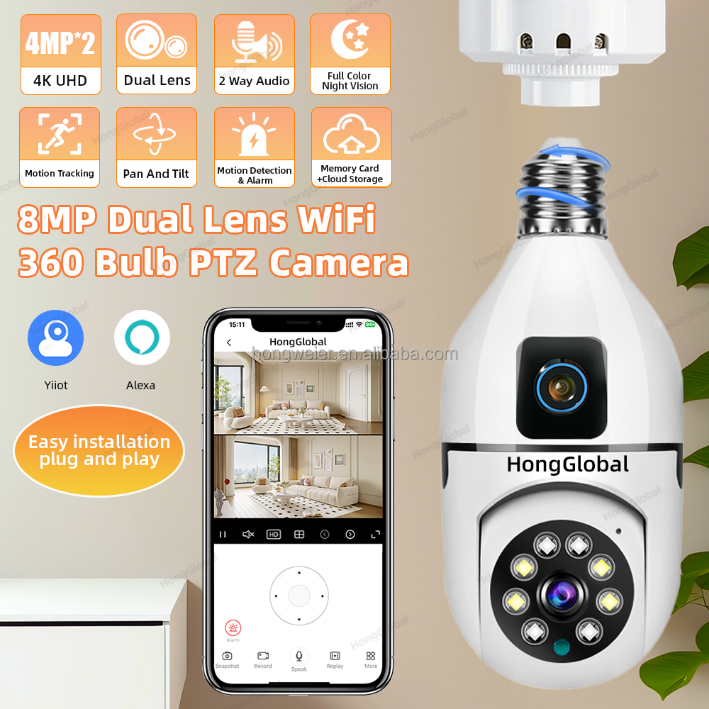 HongGlobal 8MP Indoor Wireless E27 Bulb Surveillance PTZ Camera Yiiot 4K Dual Lens IP WiFi CCTV 360 Bulb Security Network Camera