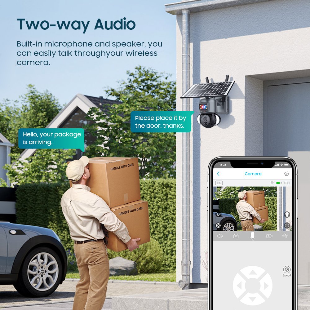 Sectec HD 4MP 4G Solar Camera With Sim Card 6W 2K IP 66 Smart Outdoor CCTV Home Speed Dome PTZ Network Camera With Floodlights
