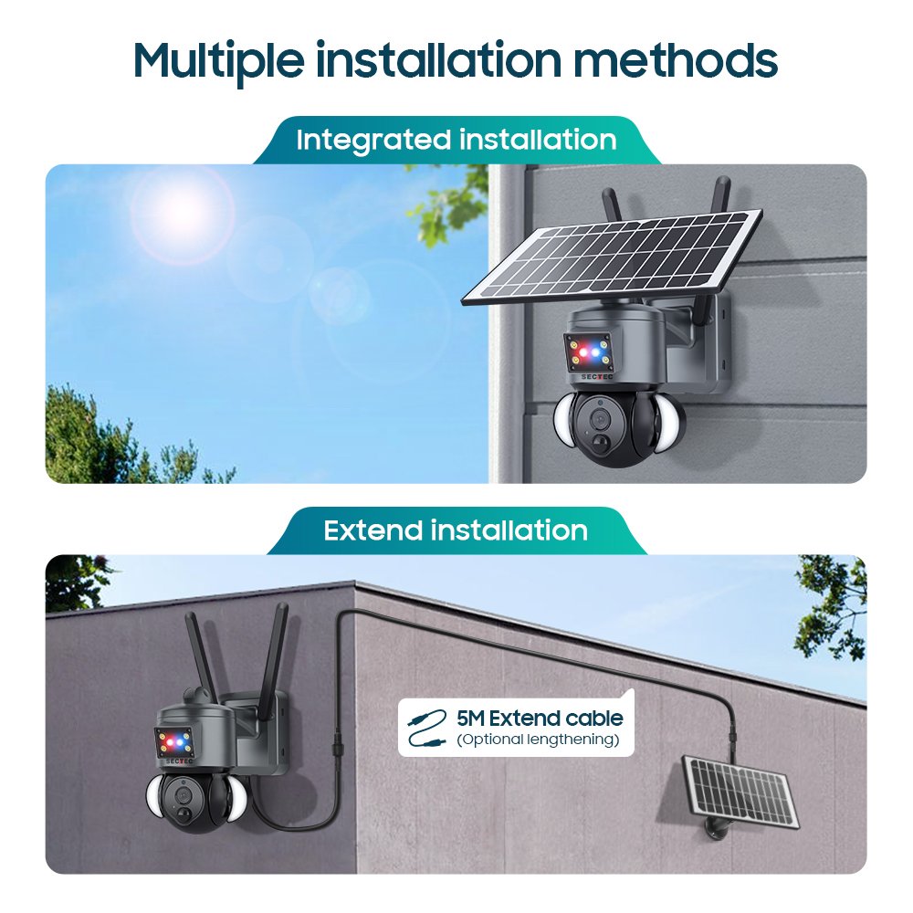 Sectec HD 4MP 4G Solar Camera With Sim Card 6W 2K IP 66 Smart Outdoor CCTV Home Speed Dome PTZ Network Camera With Floodlights