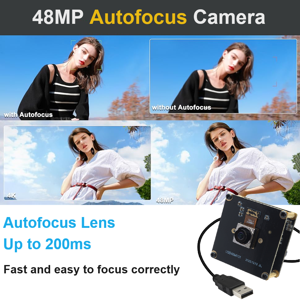 ELP 48MP Autofocus Lens 100 Degree USB Camera Module HD 8000x6000 Webcam Free Driver Mini Camera for Printing, QR Code Scanner