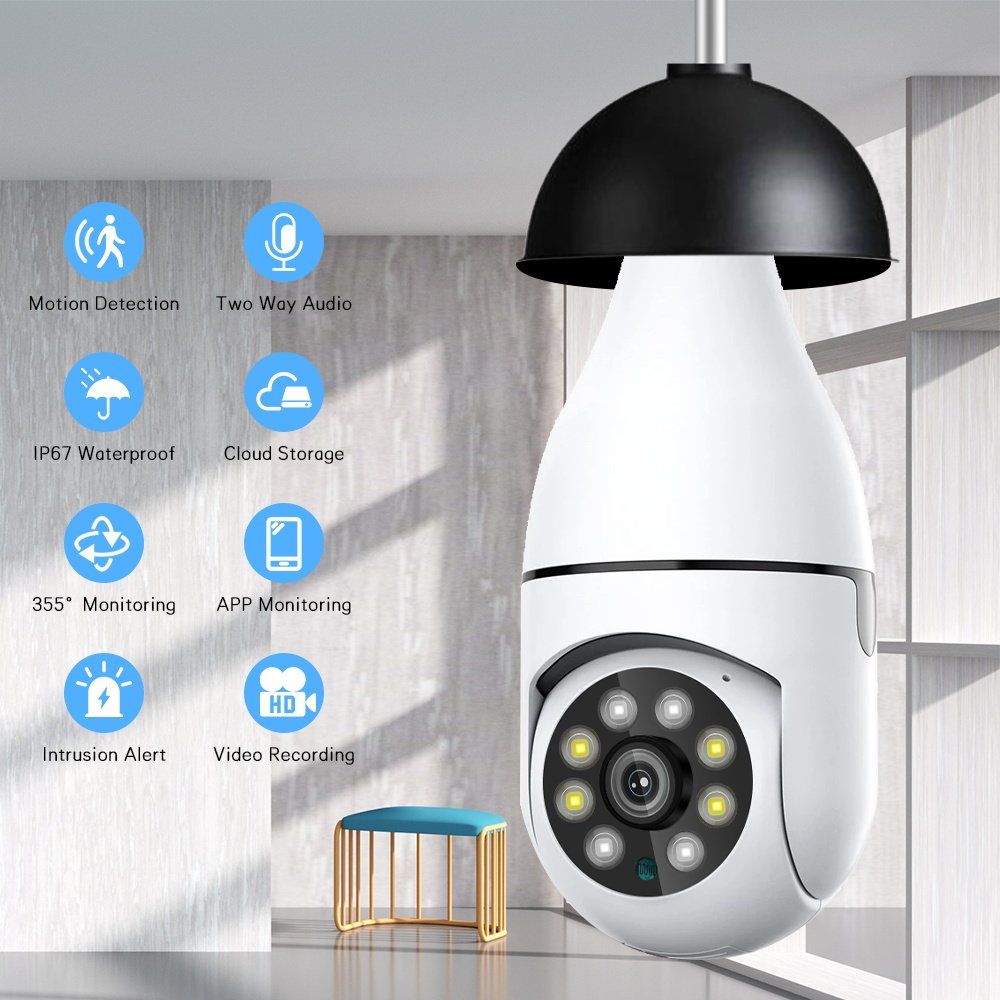 Eseecloud 5G Bulb E27 Surveillance CCTV PTZ PI Network Camera Full Color Night Vision AI Tracking Wireless Security Wifi Cameras