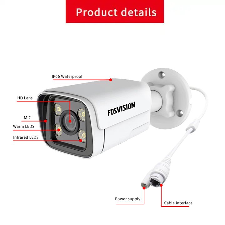 Fosvision 8MP 4k 265 IP POE full color Night Vision Waterproof Metal Infrared Outdoor Bullet Network CCTV Security Camera