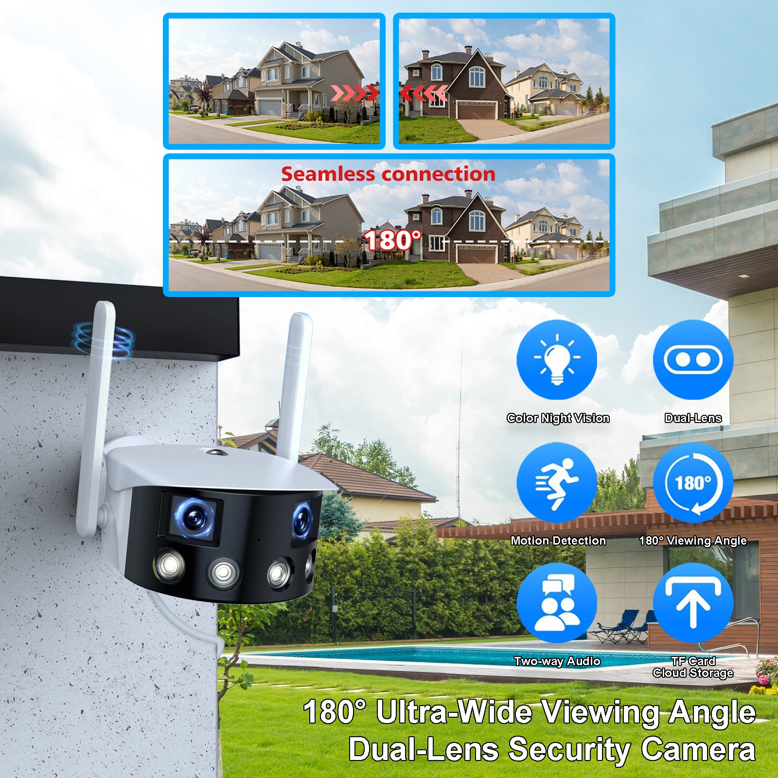 Dual Lens Camera 180 Wide Angle Network Camera Supporting Phone Monitor Wireless security Camera for Outdoor