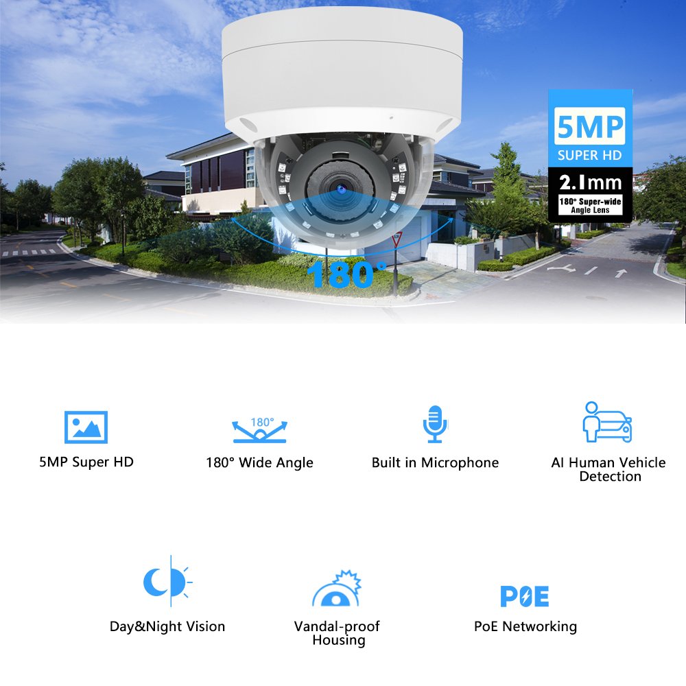 5MP Mini 180 Degrees POE Dome IP CCTV Camera 2.1mm wide angle lens Outdoor Night Vision Waterproof Security IP Network Camera 4K