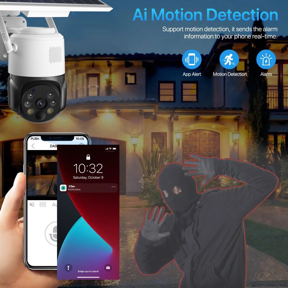 ShireStar Solar Battery WiFi PTZ IP Camera Works with Outdoor Color Night Vision 2-Way Audio Wireless CCTV Camera