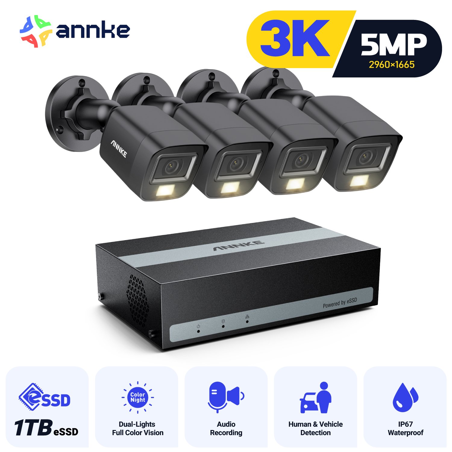 ANNKE IP67 Weatherproof 3K 4 Channel Built-In 1024 GB ESSD Security System Up To 2-Week Record wireless cctv camera system