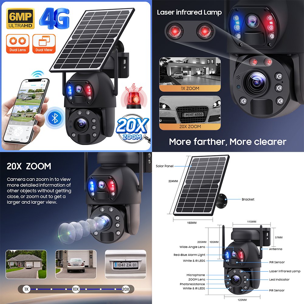 Wholesale New Laser Infrared Lamp 4G 6MP Dual Lens With 20X Zoom Security CCTV Camera Dual Lens Linkage Camera 4G Solar Camera