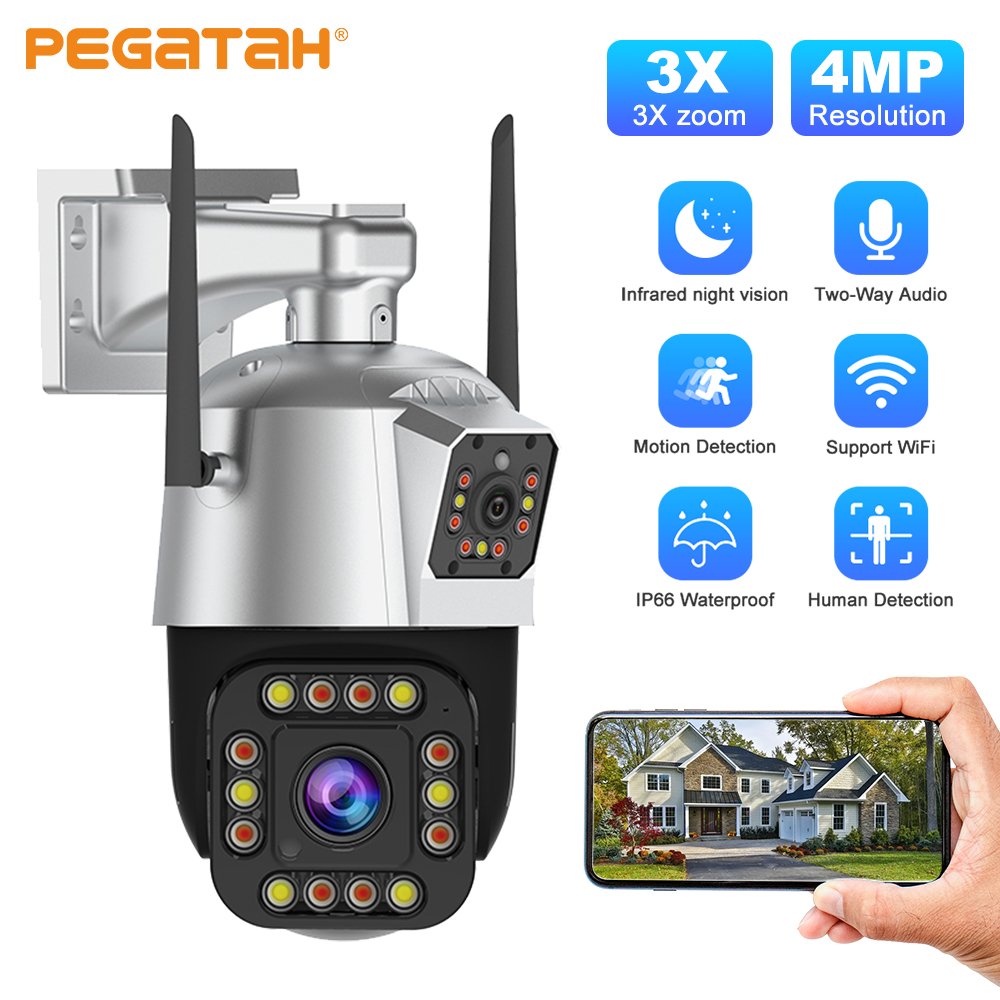 WIFI 4MP 3X Zoom PTZ Three Lens Security Camera AI Human Detect Audio Water proof Network Cameras outdoor
