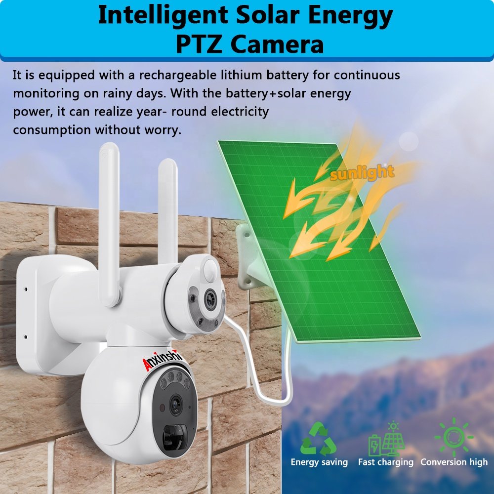 Anxinshi IP66 6MP Wireless Black Color Solar Panel Low Power Camera Battery WiFi Security PTZ Network Camera