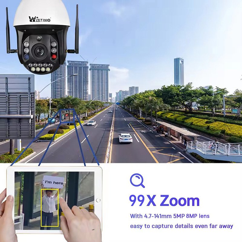 Wistino 4K HD 99X zoom network camera color night vision red and blue light alarm cctv security camera