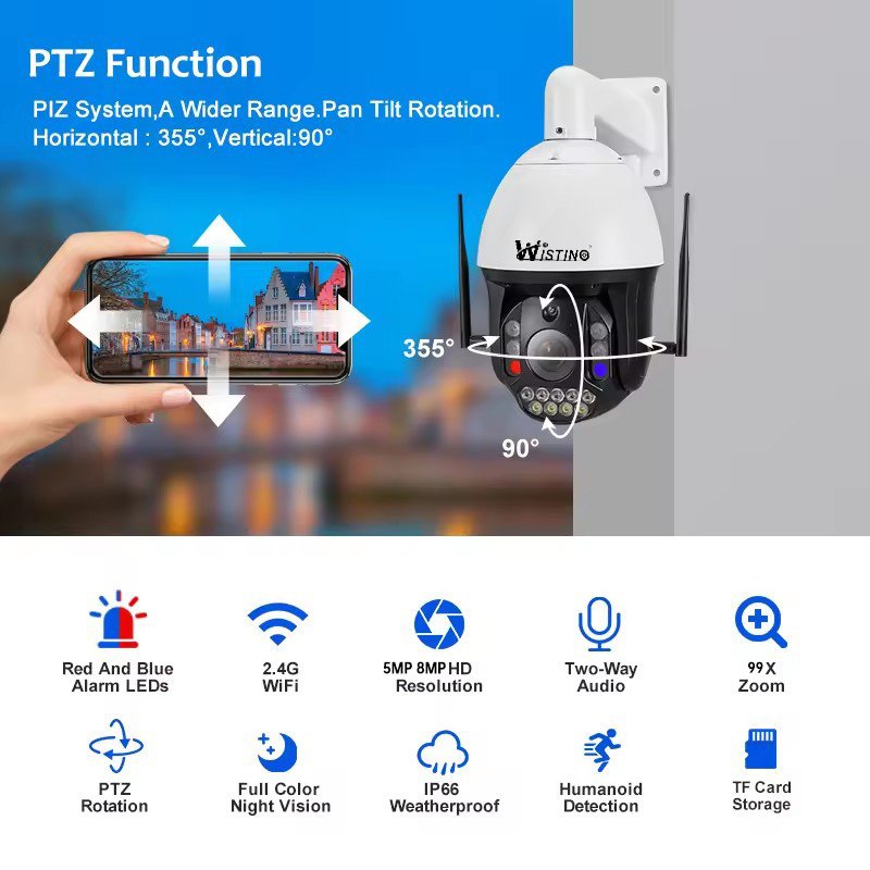 Wistino 4K HD 99X zoom network camera color night vision red and blue light alarm cctv security camera