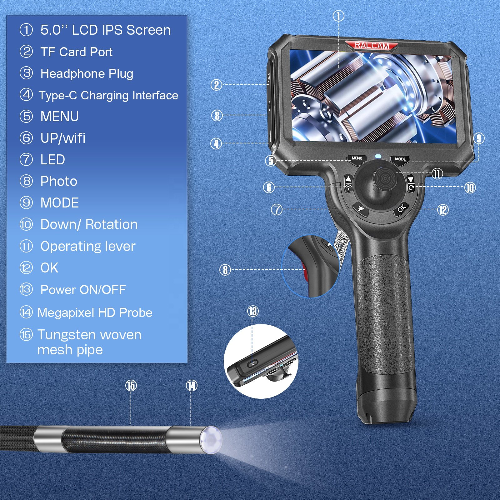 Ralcam 3.9Mm 4 Way Articulating Inspection Ip67 Waterproof Mini Camera 1M Cable Endoscope Camera