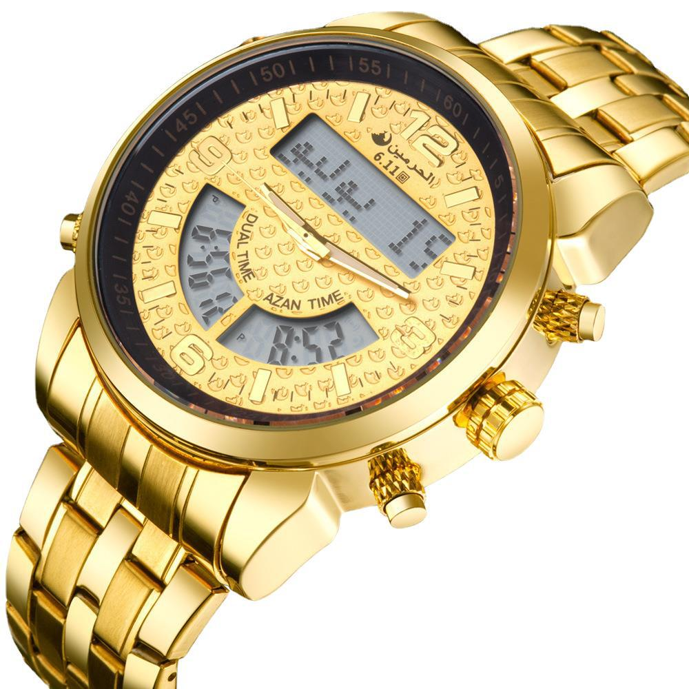 Luxury Stainless Steel Golden LED Dual Display Analog-digital Muslim Arabia Watch