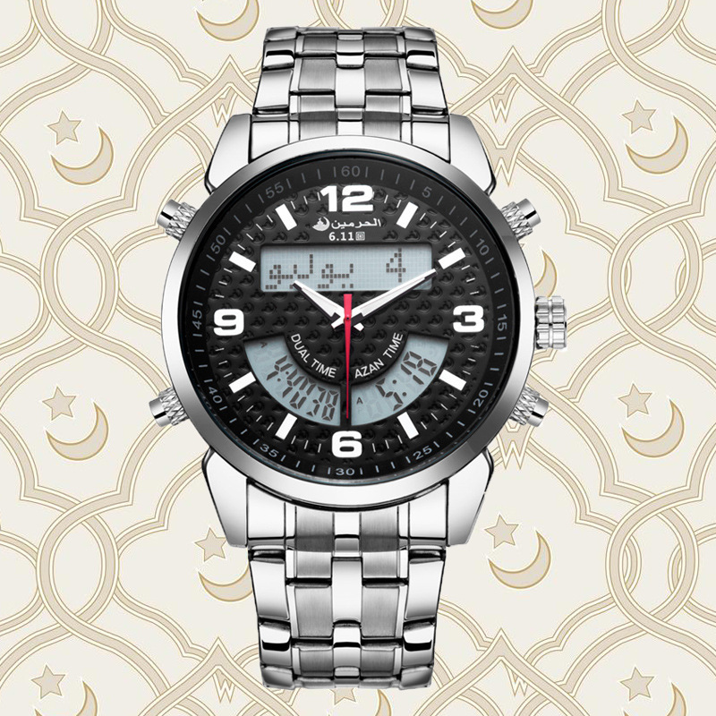 Luxury Stainless Steel Golden LED Dual Display Analog-digital Muslim Arabia Watch