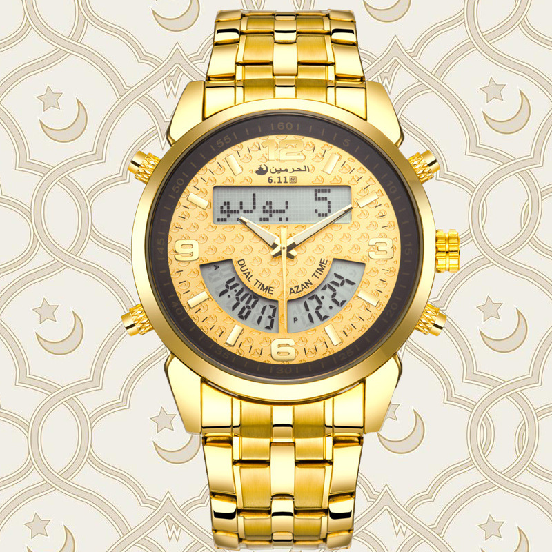 Luxury Stainless Steel Golden LED Dual Display Analog-digital Muslim Arabia Watch